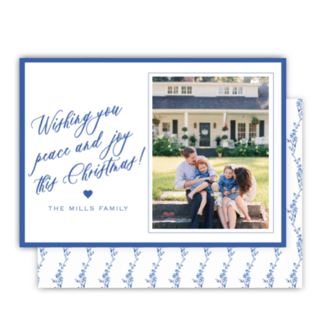 Blue Floral Vine Horizontal Christmas Card