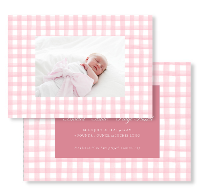 Pink Gingham Watercolor Birth Announcement