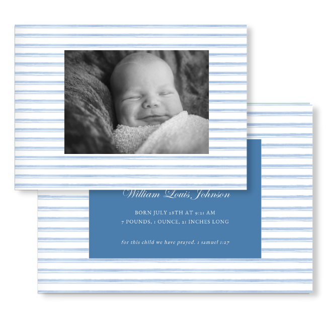 Blue Stripe Watercolor Birth Announcement