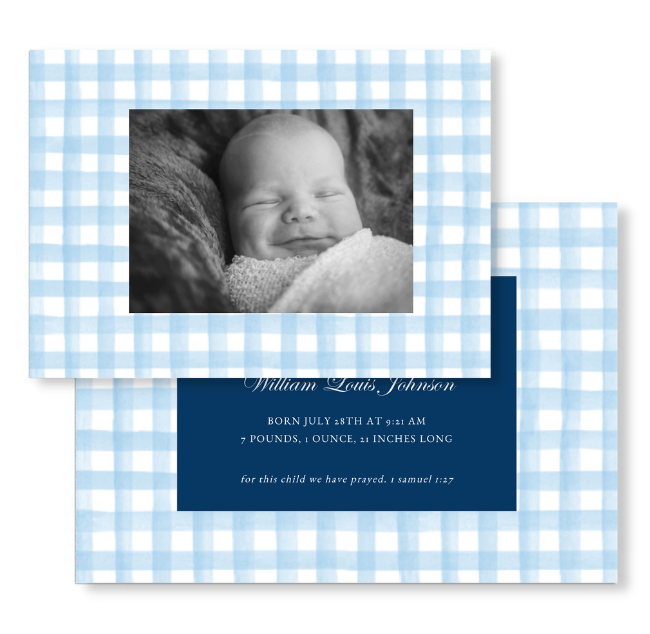Blue Gingham Watercolor Birth Announcement
