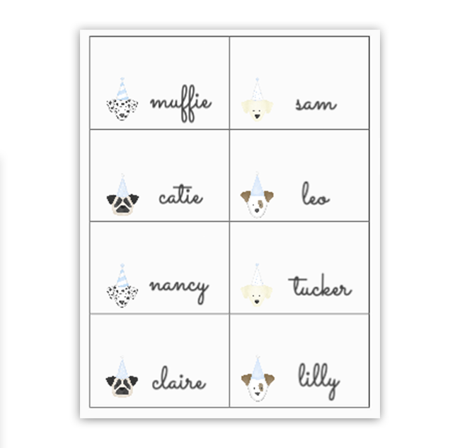 Blue Puppy Buffet Labels / Placecards