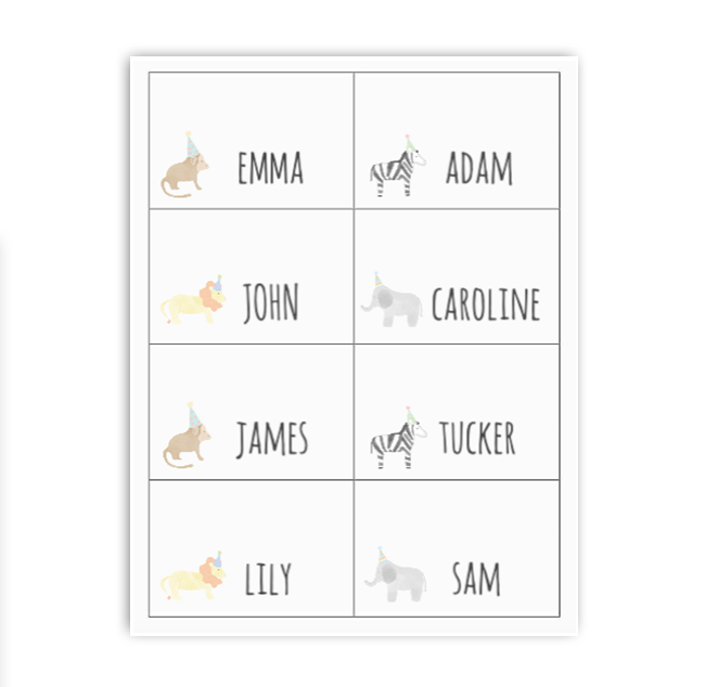 Party Animals Buffet Labels / Placecards