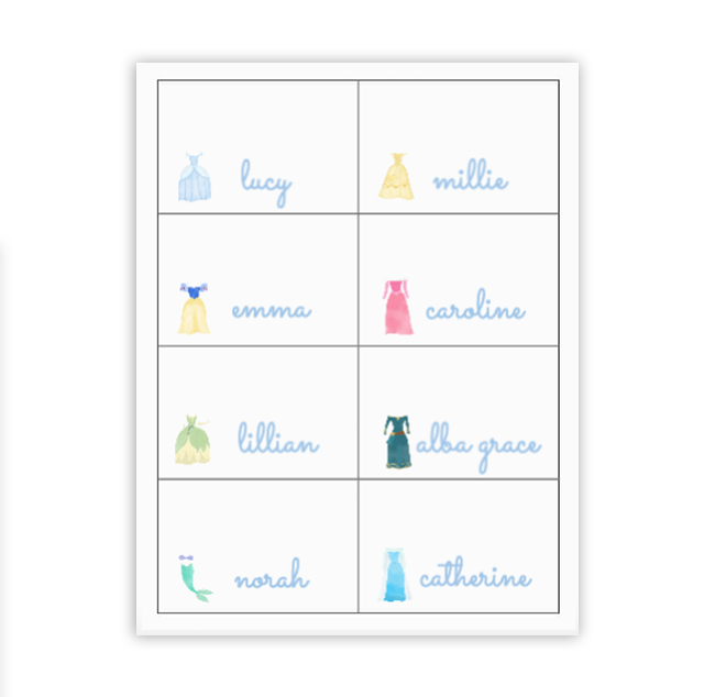 Blue Princess Buffet Labels / Placecards