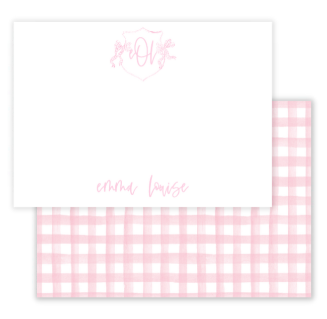 Pink Gingham Crest Notecard
